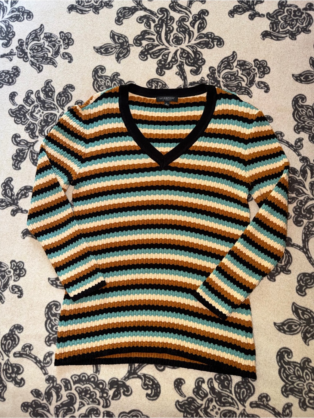 Striped V-Neck Sweater in Black, Tan & Teal